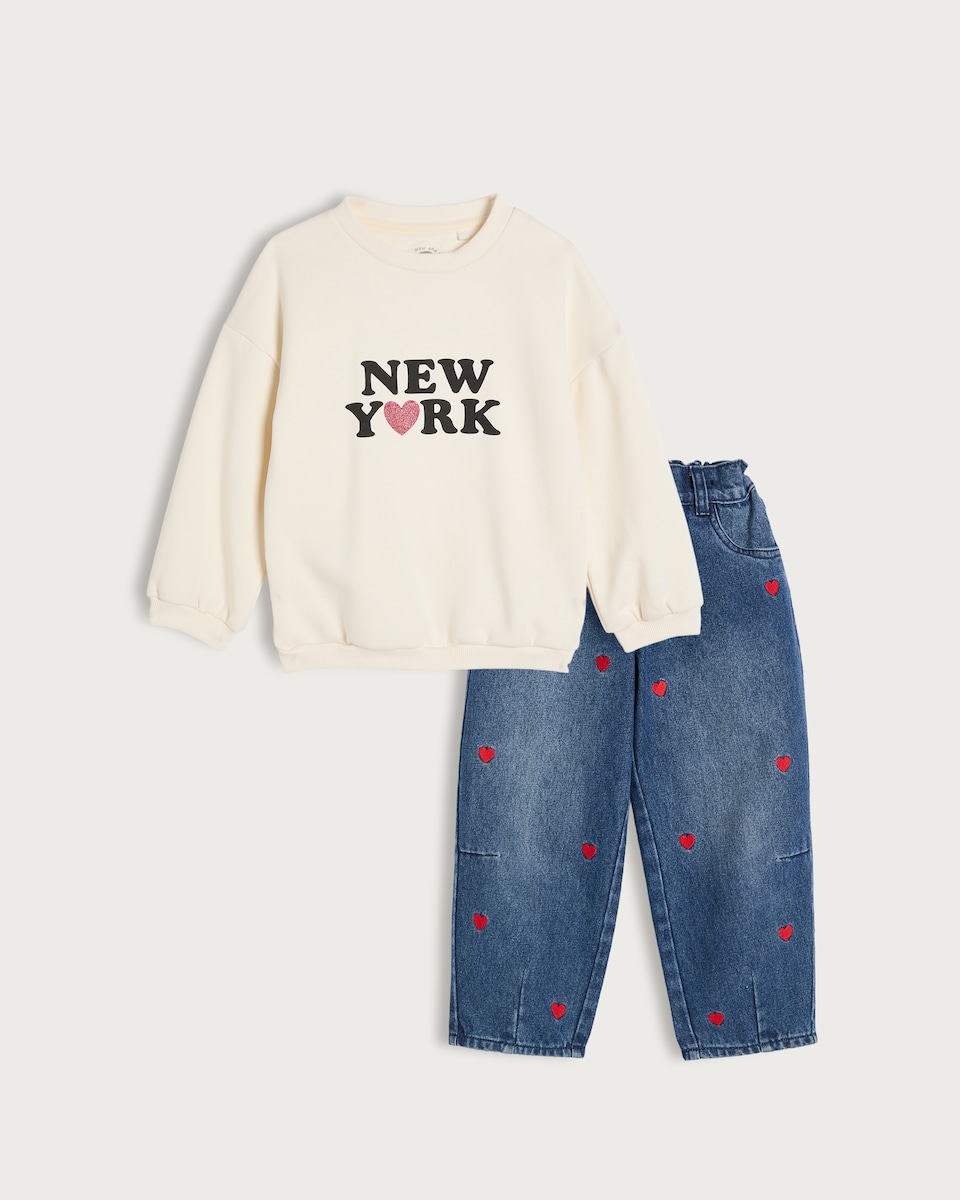 image 1 of F&F Girls 2-Piece Cotton Rich Sweatshirt and Embroidered Jeans Set in Multi White