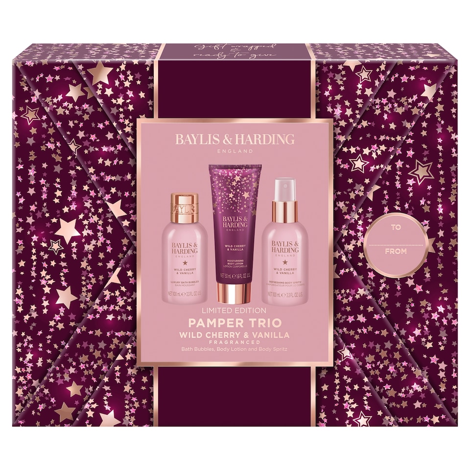 image 1 of Baylis & Harding Wild Cherry & Vanilla Gift Wrapped Pamper Trio Gift Set