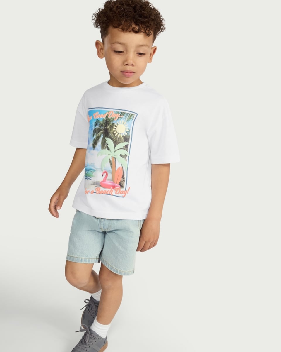 image 1 of F&F Boys Pure Cotton Beach Day Print T-Shirt in White