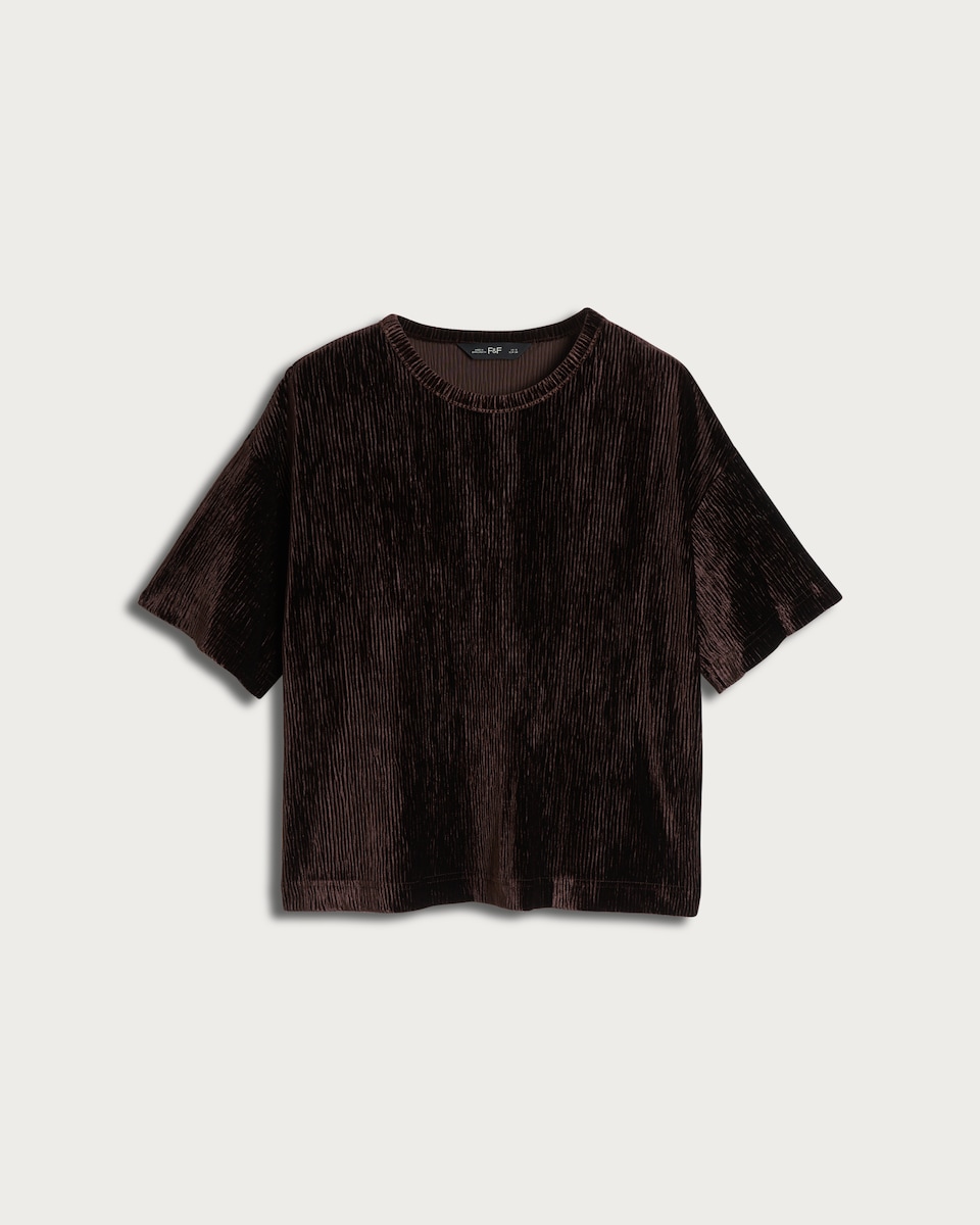 image 1 of F&F Velvet Textured Short Sleeved Co-ord Top in Brown
