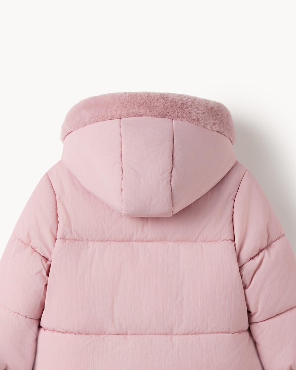 image 1 of F&F Girls Faux Fur Hood Puffer Coat in Pink