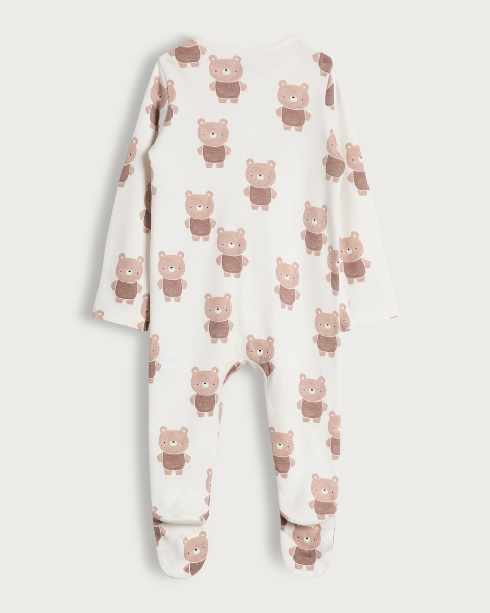 image 1 of F&F Baby Pure Cotton 3-Pack Bear and Stripe Print Sleepsuits in White