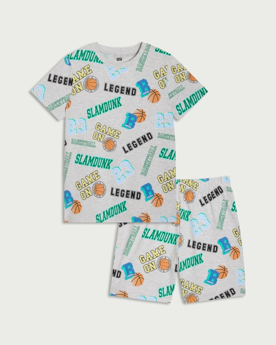 image 1 of F&F Boys Pure Cotton Basketball Print Pyjama Set in Grey