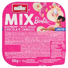 Müller Mix Barbie jogurt s malinovou príchuťou s cereálnymi krúžkami v čokoláde 130 g