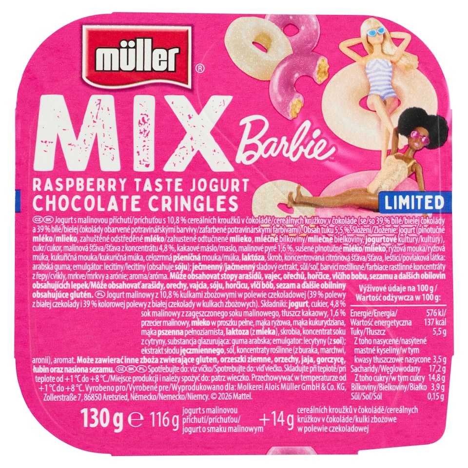 obrázok 1 z Müller Mix Barbie jogurt s malinovou príchuťou s cereálnymi krúžkami v čokoláde 130 g