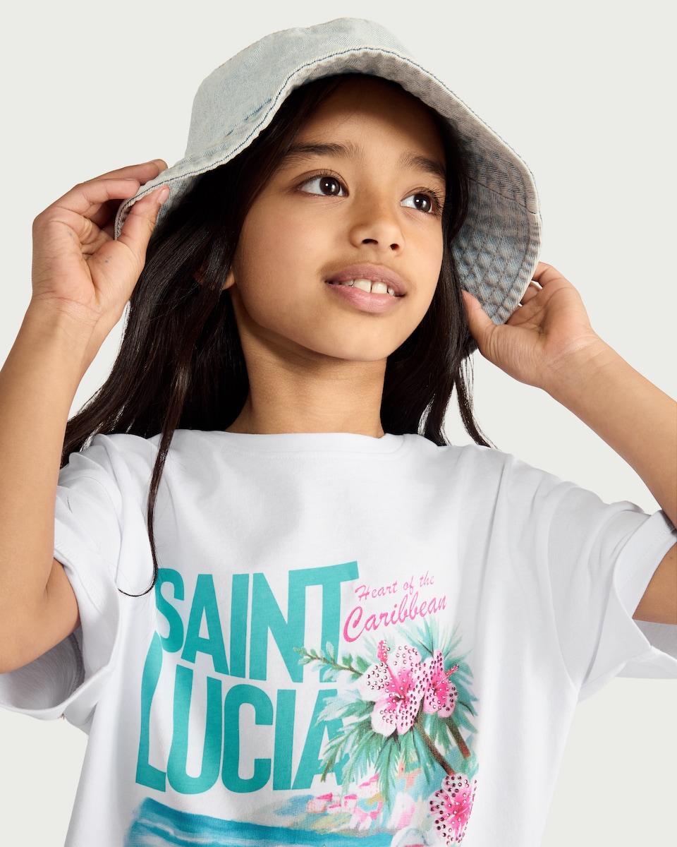 image 1 of F&F Girls Pure Cotton Saint Lucia Print T-Shirt in White