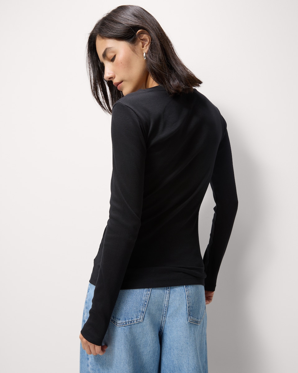 image 1 of F&F Cotton Rich Ribbed Long Sleeved Top in Black