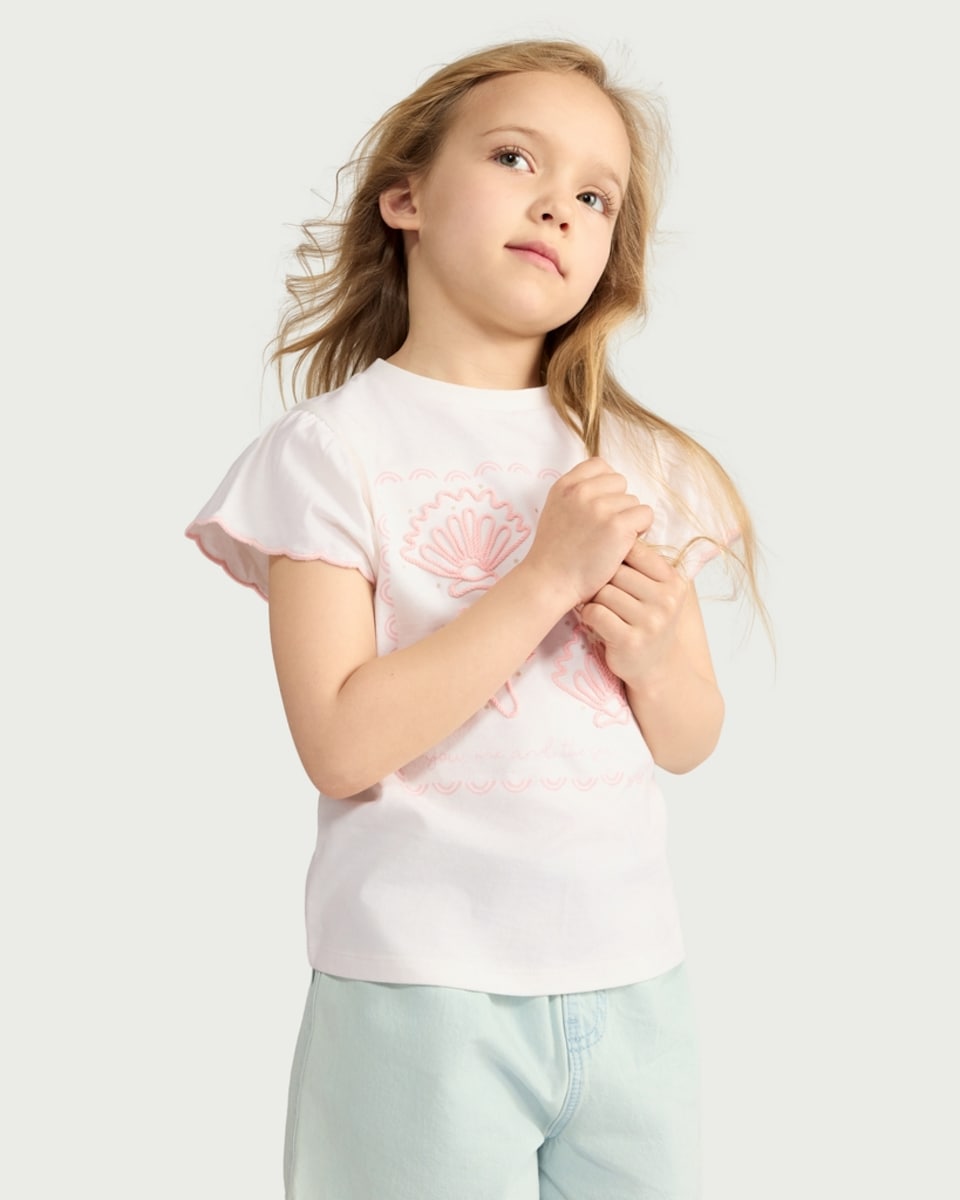 image 1 of F&F Girls Pure Cotton Sea Embroidered T-Shirt in White
