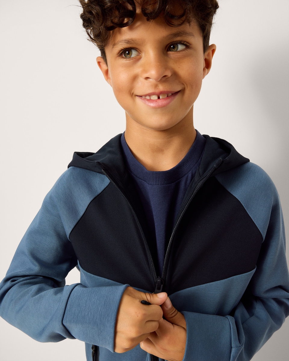 image 1 of F&F Active Boys TECHSPORT Cotton Rich Colour Block Hoodie in Navy