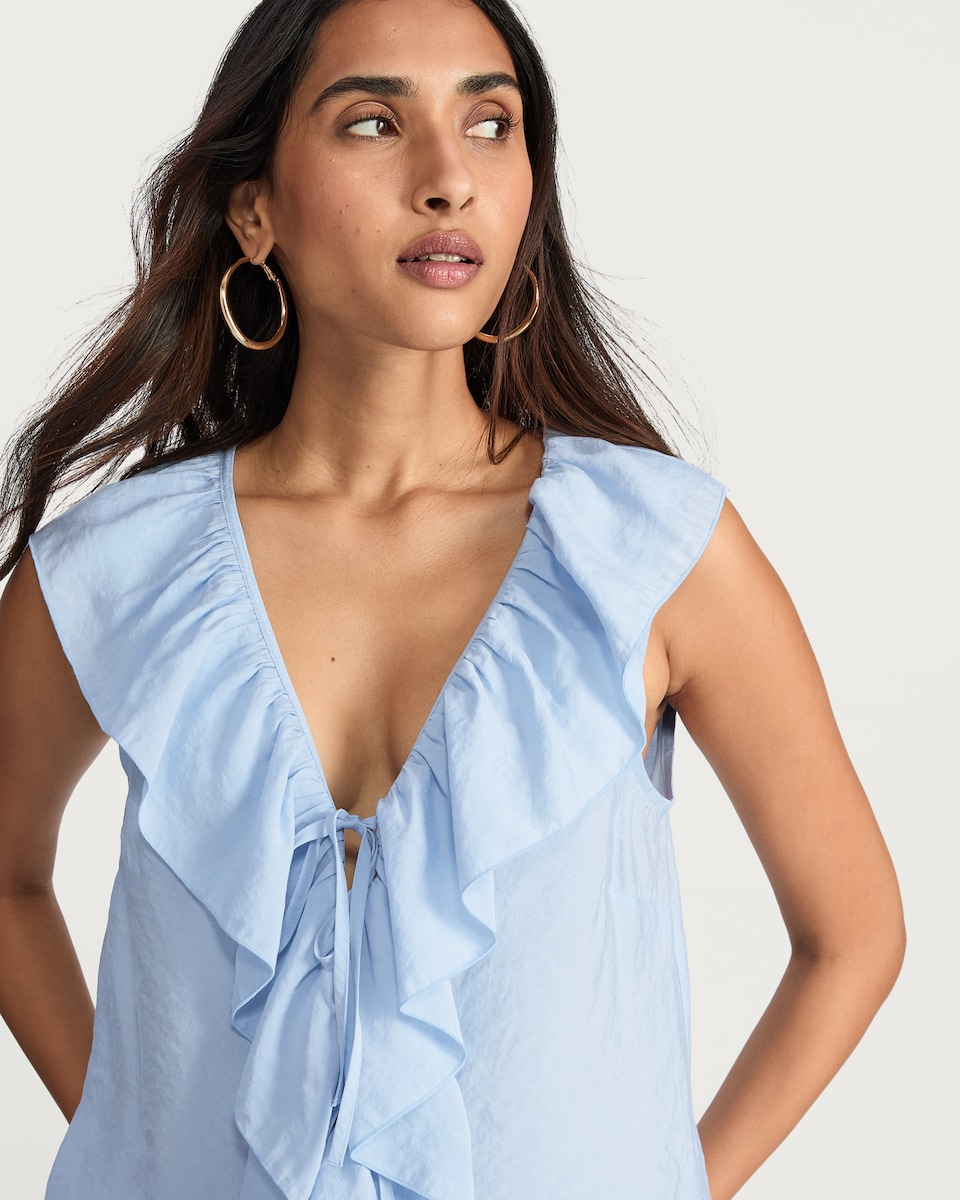 image 1 of F&F Modal Rich Sleeveless Ruffle Front Blouse in Blue