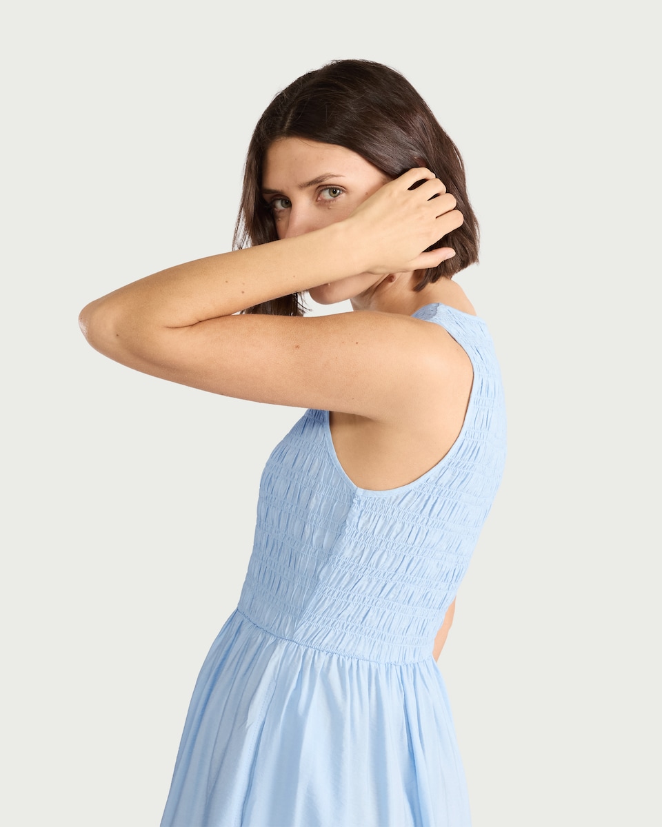 image 1 of F&F Shirred V Neck Midi Dress in Blue