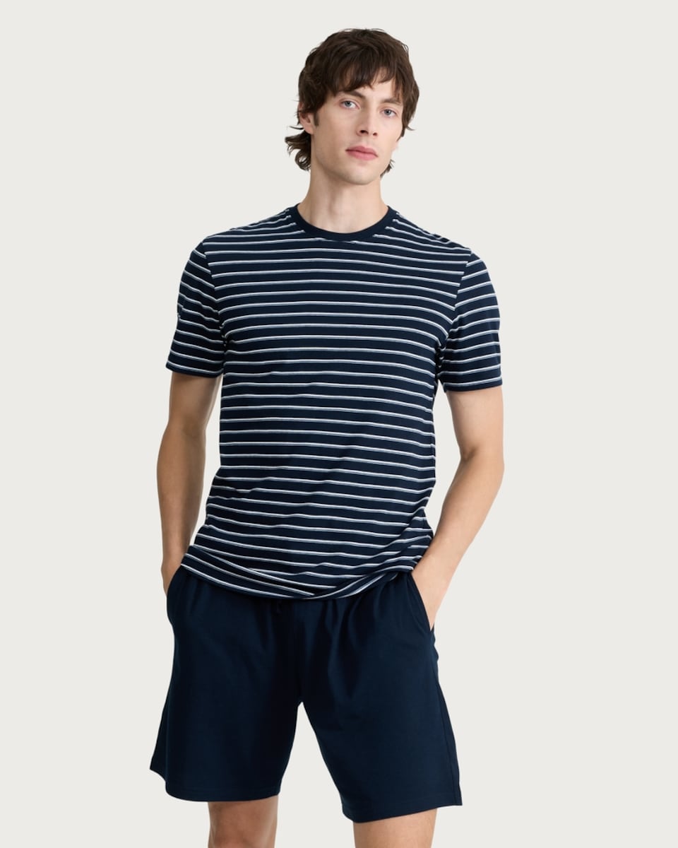 image 1 of F&F Pure Cotton Striped Pyjama Set in Navy