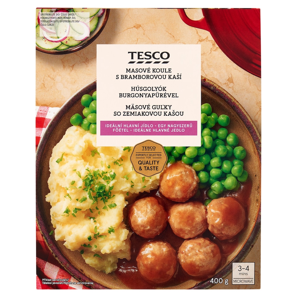 Tesco burgonyapüré marha- és sertés húsgolyókkal, mártással és párolt zöldborsóval 400 g