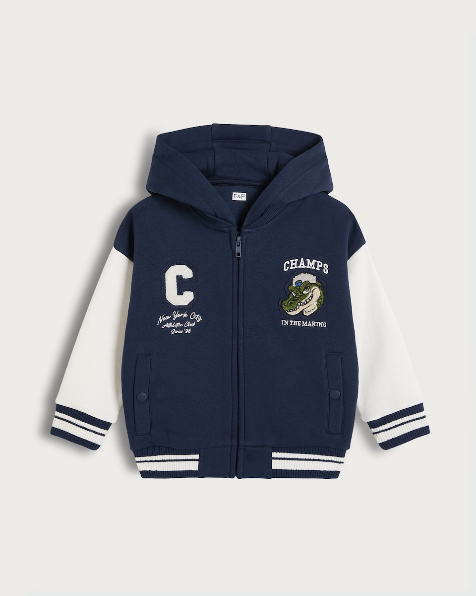 image 1 of F&F Boys Cotton Rich Champs Crocodile Bomber Jacket in Navy