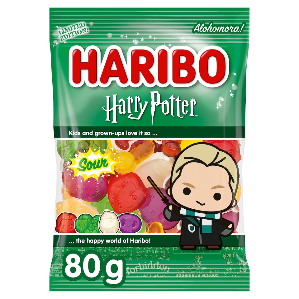 Haribo Harry Potter kyselé želé s ovocnými příchutěmi, s pěnovými cukrovinkami a s příchutí coly 80g
