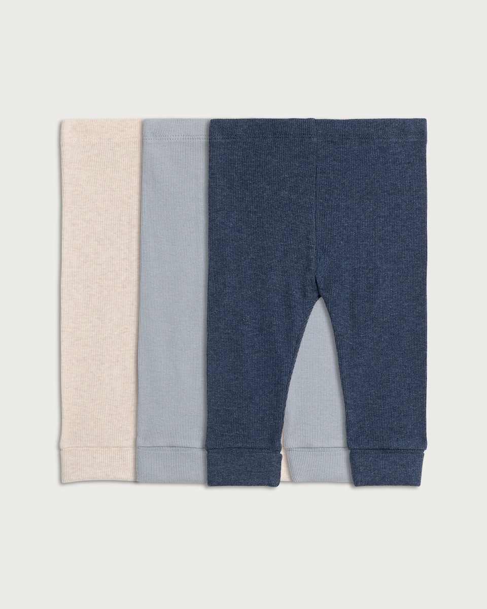 image 1 of F&F Baby 3-Pack Cotton Rich Ribbed Leggings in Blue