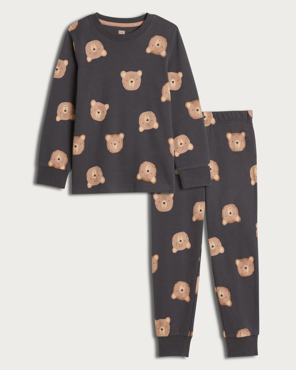 image 1 of F&F Boys Pure Cotton Bear Print Top and Cuffed Joggers Pyjamas in Multi