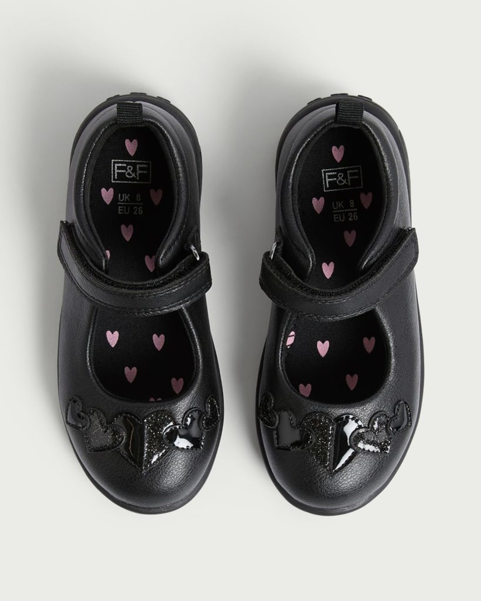image 1 of F&F Girls Heart Embellished Mary Jane Shoes in Black