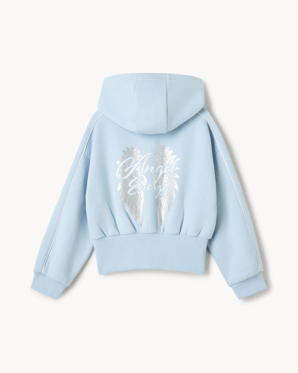 image 1 of F&F Girls Cotton Rich Angel Zip Up Hoodie in Blue
