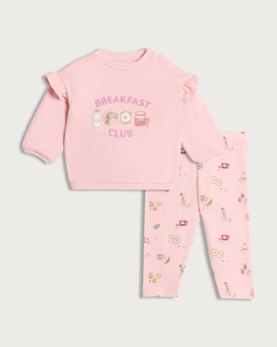 image 1 of F&F Baby 2-Piece Cotton Rich 2-Piece Breakfast Club Sweatshirt and Leggings in Cream