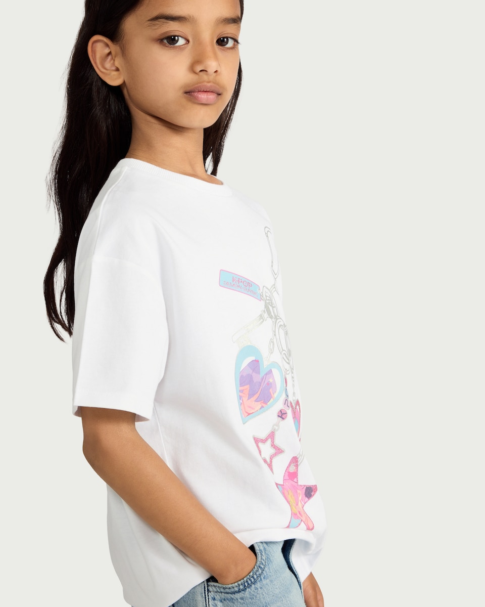 image 1 of K-Pop Demon Hunters Pure Cotton Keyring Charm Print T-Shirt in White