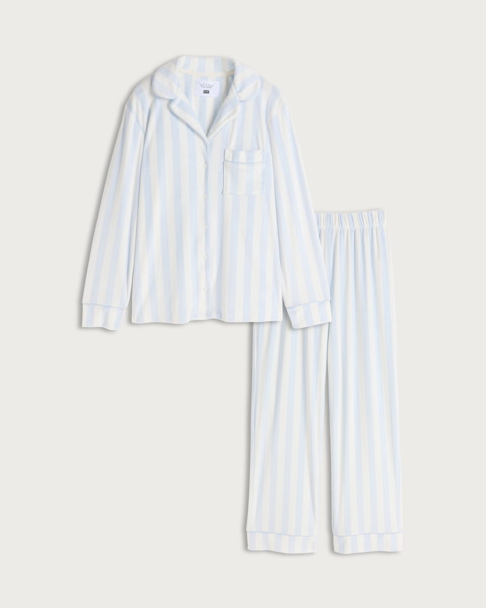image 1 of F&F Fleece Striped Shirt and Bottoms Pyjama Set in Blue