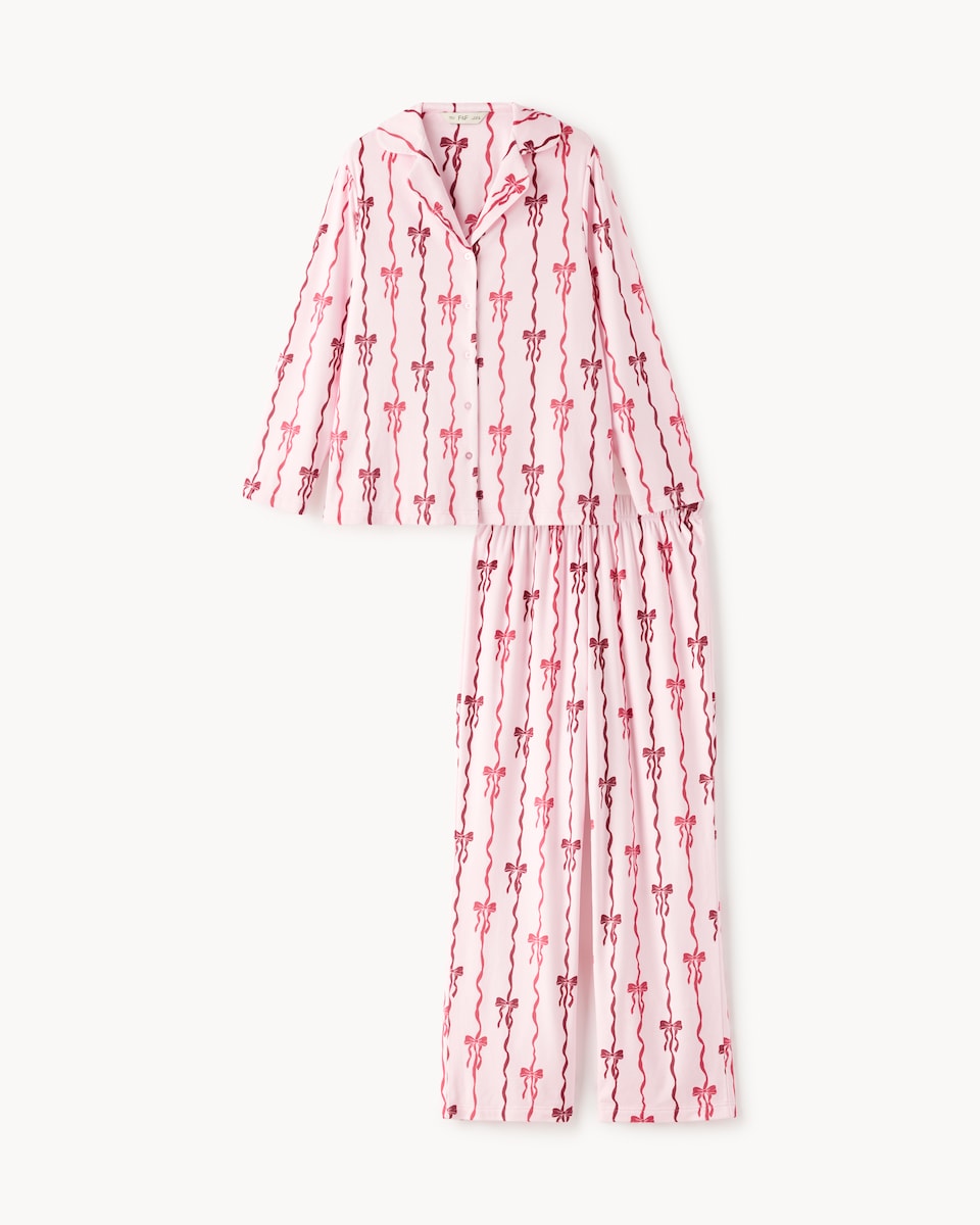 image 1 of F&F Bow Revere Pyjama Set in Pink