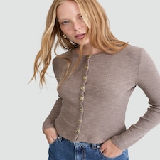 F&F Cotton Blend Ribbed Button Up Cardigan in Neutral