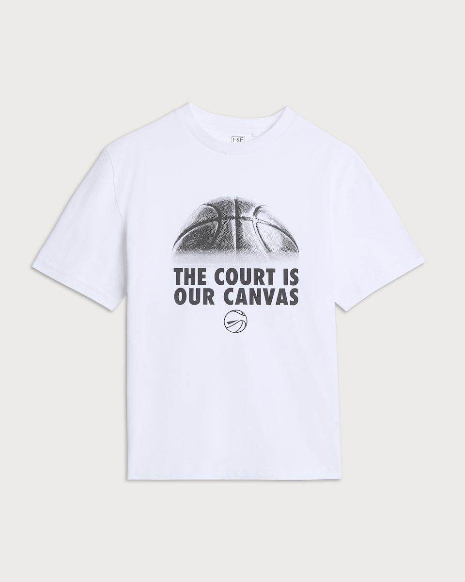 image 1 of F&F Boys Pure Cotton Basketball Print Oversized Fit T-Shirt in White