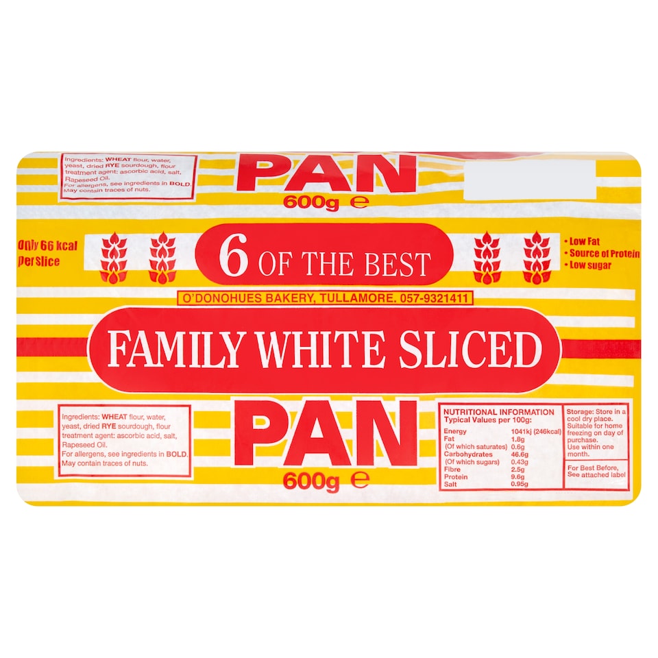 O'donohues Family Sliced White Pan 600G