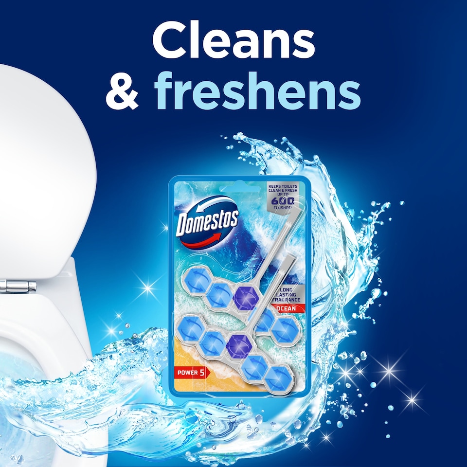 image 1 of Domestos Power 5 Toilet Rim Block Freshener Ocean 2x 50g
