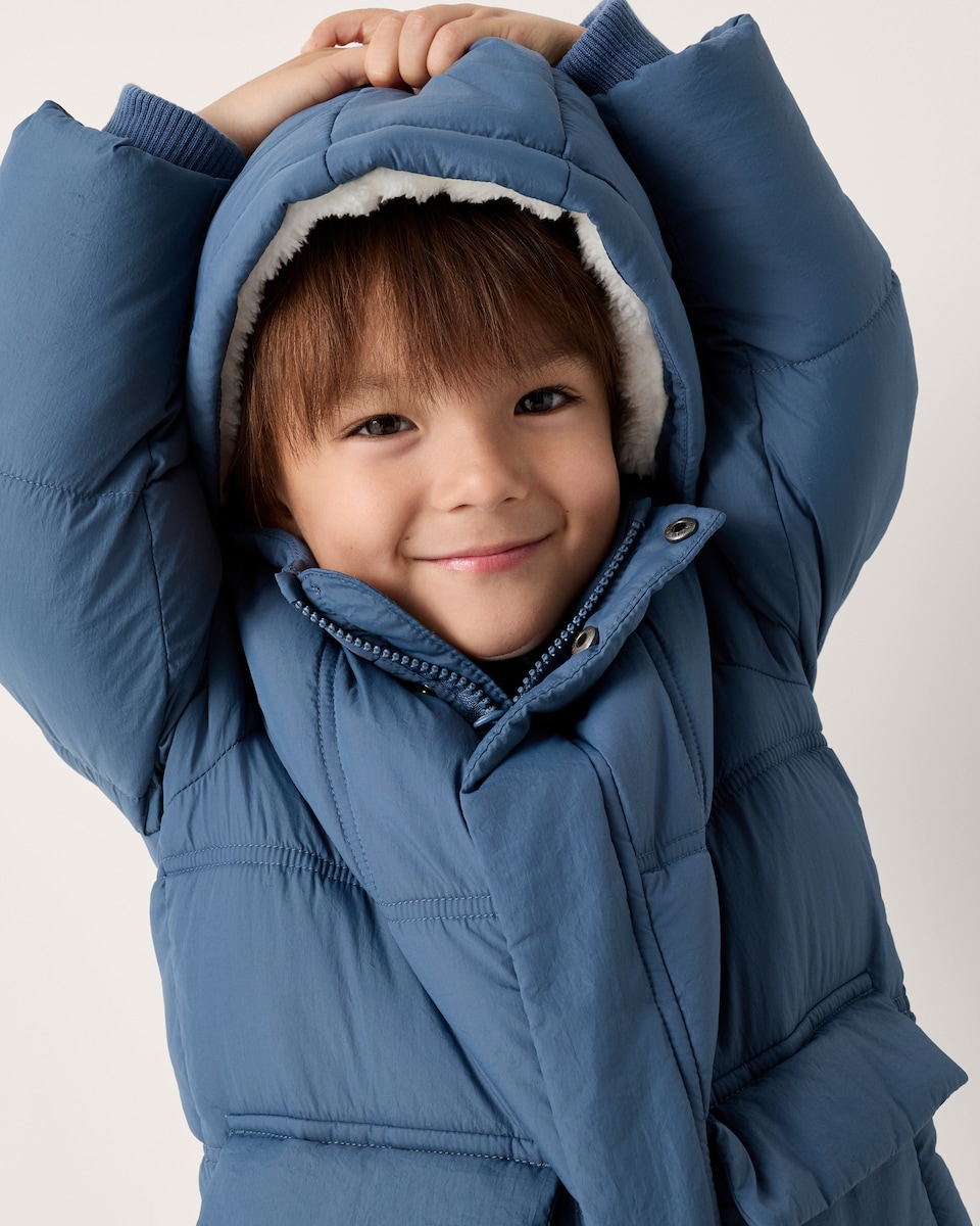 image 1 of F&F Boys Shower Resistant Longline Puffer Coat in Blue