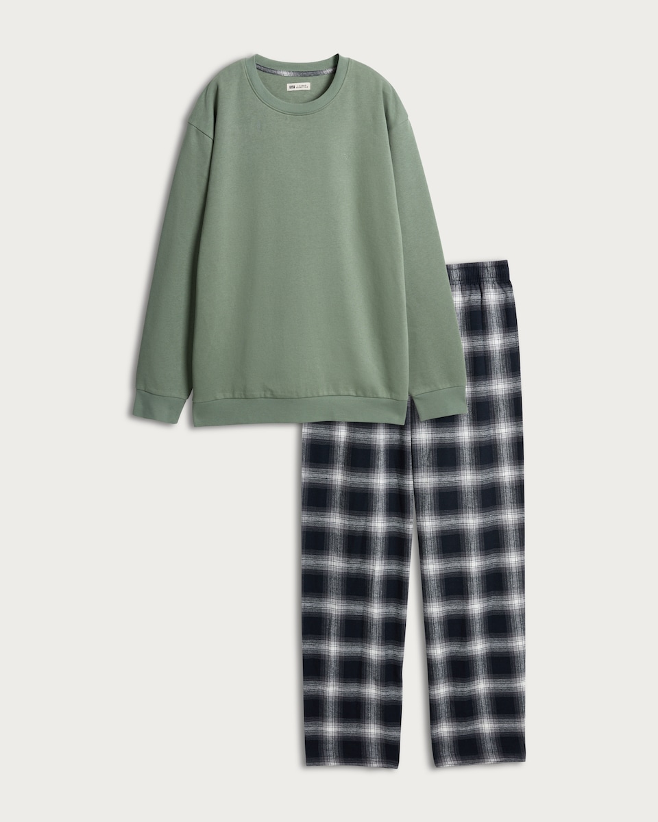 image 1 of F&F Cotton Rich Sweatshirt and Check Trousers Pyjamas Set in Khaki