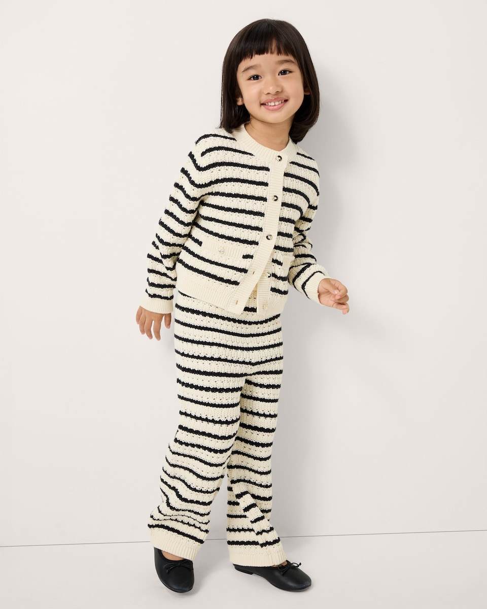 image 1 of F&F Girls Pure Cotton Striped Cardigan and Trousers Set in Multi White