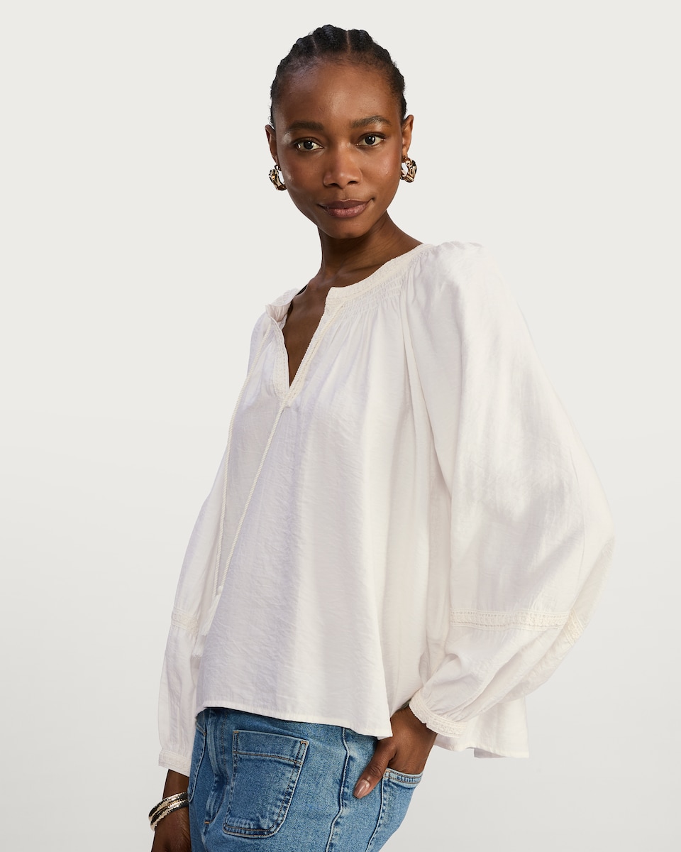 image 1 of F&F Textured Tie Neck Balloon Sleeve Blouse in Cream