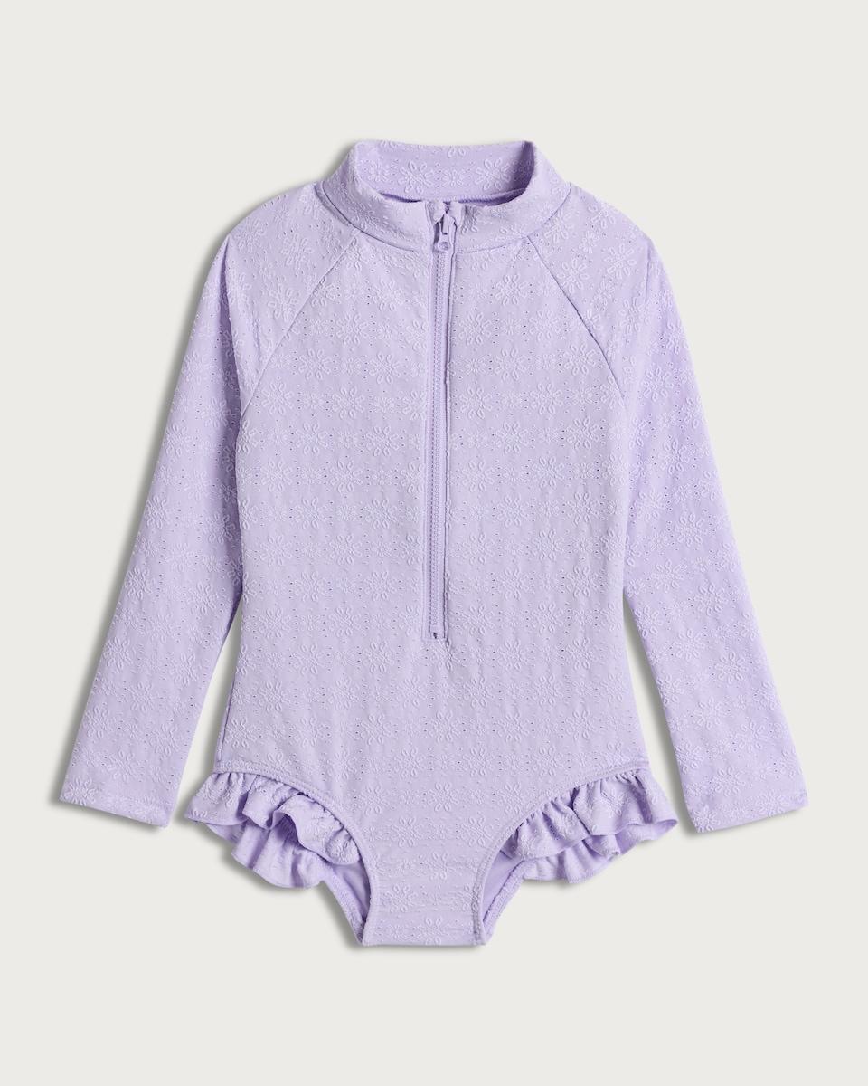 image 1 of F&F Girls Broderie Ruffle Long Sleeved Swimsuit in Lilac