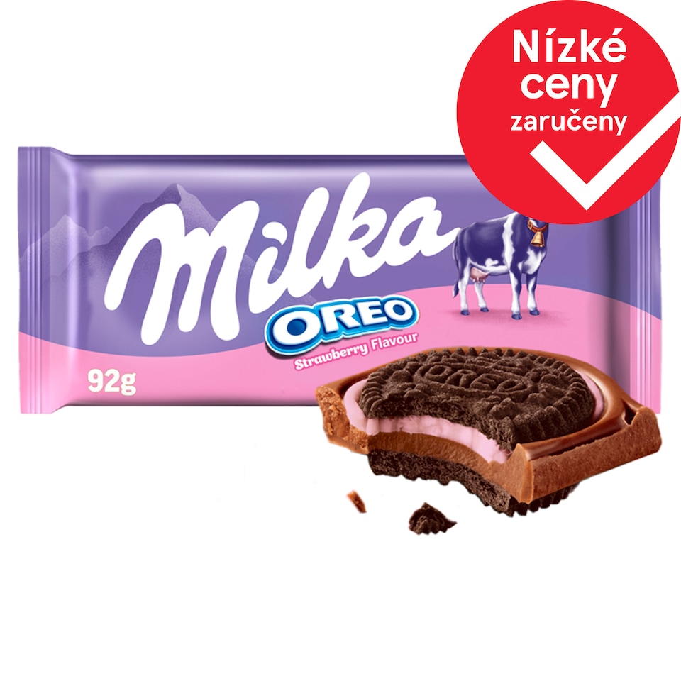 Milka čokoláda Oreo s kousky kakaových sušenek v mléčné čokoládě s jahodovou příchutí 92g