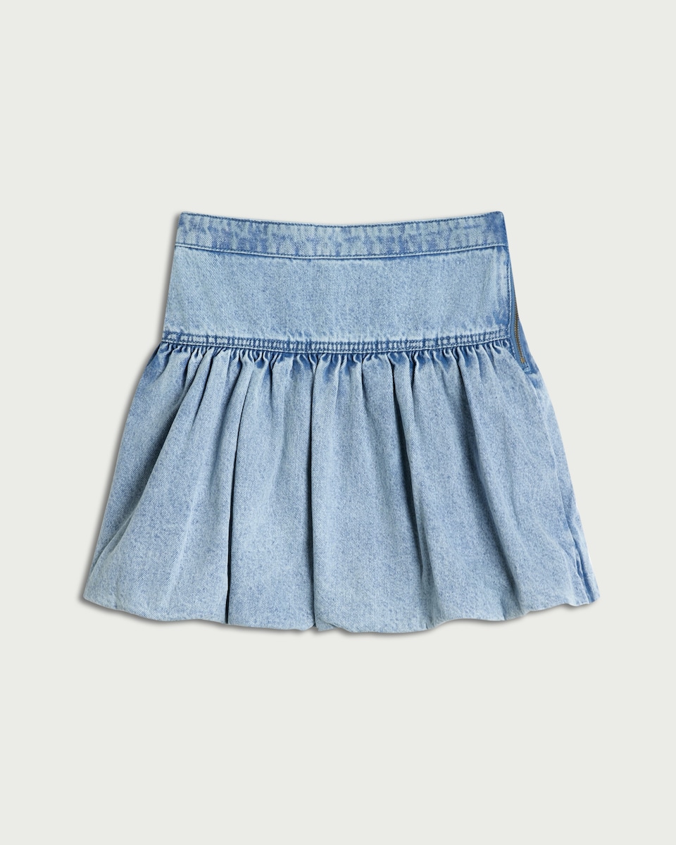 image 1 of F&F Girls Pure Cotton Bubble Hem Denim Skirt in Blue