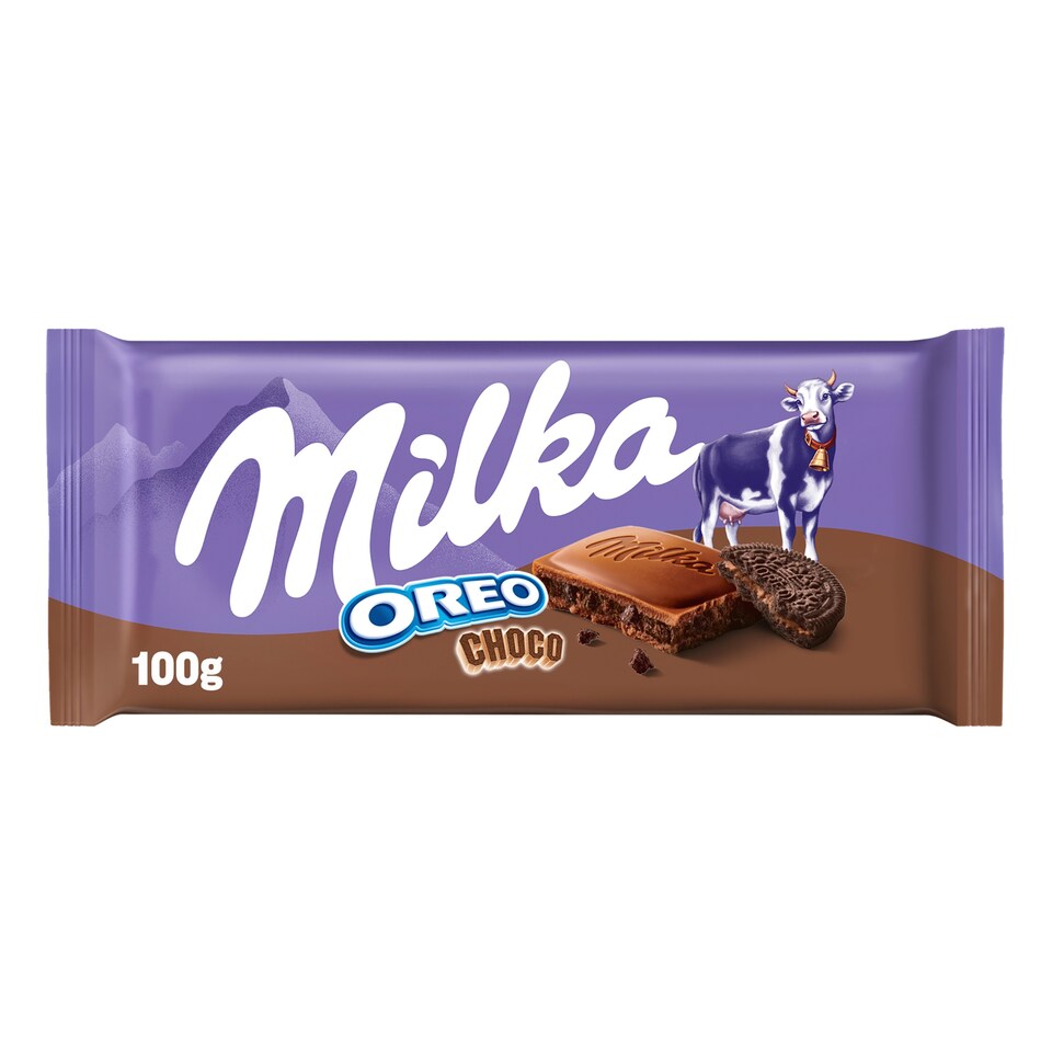 Milka Oreo Choco mliečna čokoláda z alpského mlieka s kakaovými sušienkami a kakaovou náplňou 100 g