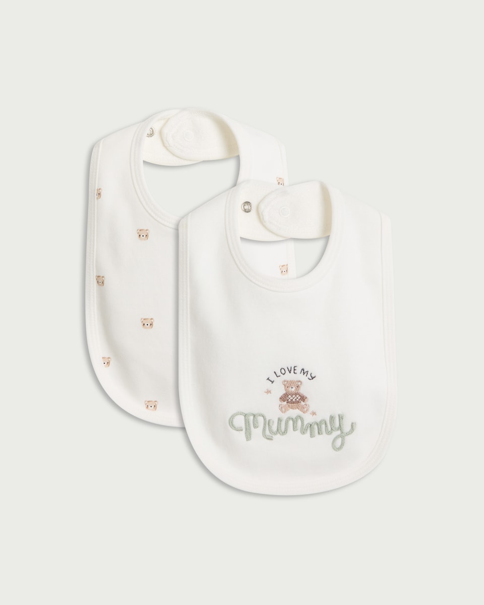 image 1 of F&F Baby 2-Pack Pure Cotton I Love My Mummy Bibs in White