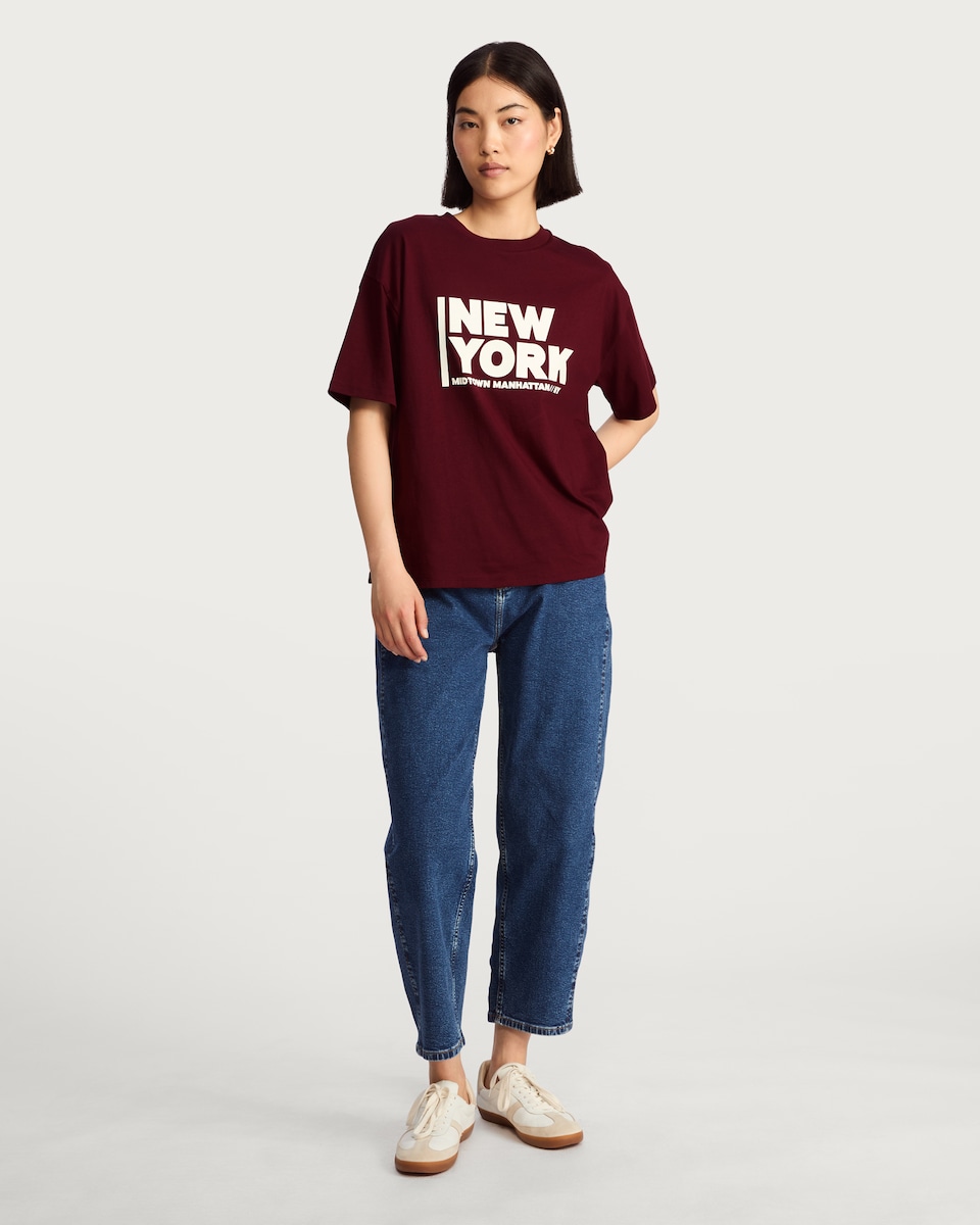 image 1 of F&F Boyfriend Fit New York Slogan T-Shirt in Burgundy