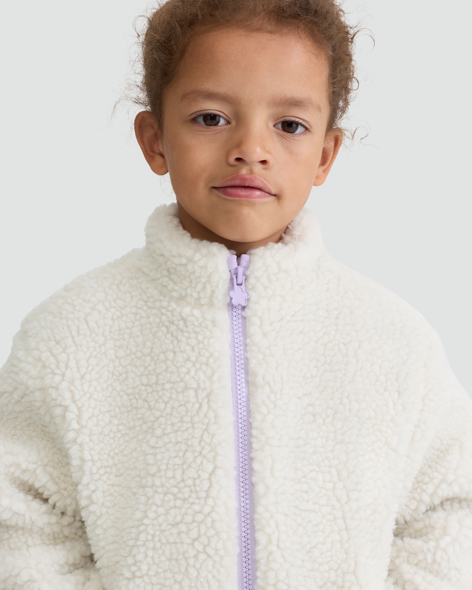 image 1 of F&F Girls Fleece Textured Zip Up Jacket in Cream