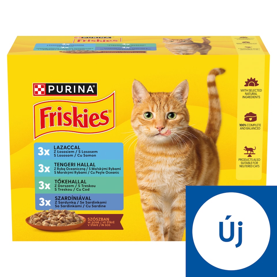Purina Friskies szószban lazaccal/tengeri hallal/szardíniával/tőkehallal nedves macskaeledel 12x85 g
