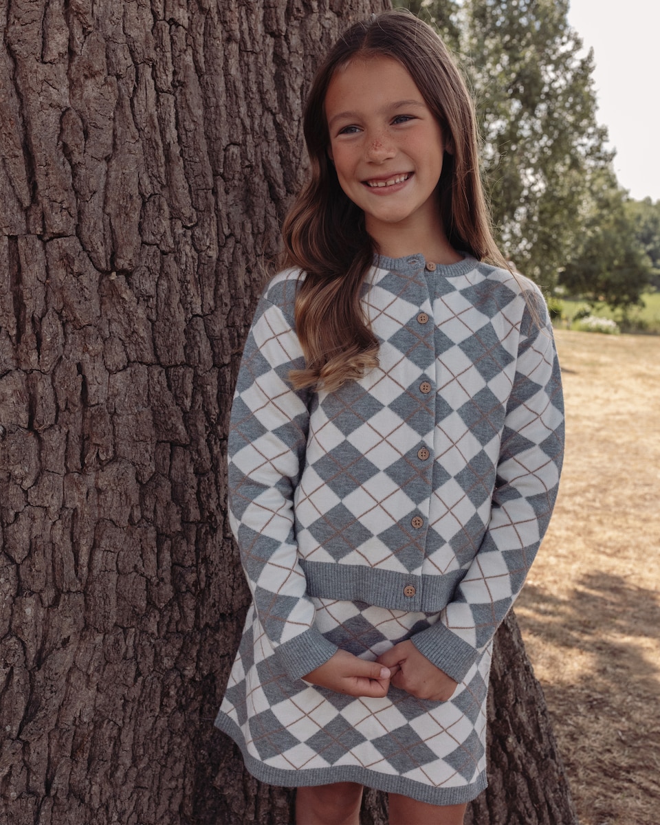 image 1 of F&F x Samantha Faiers 2-Piece Argyle Cardigan and Skirt Set in Grey