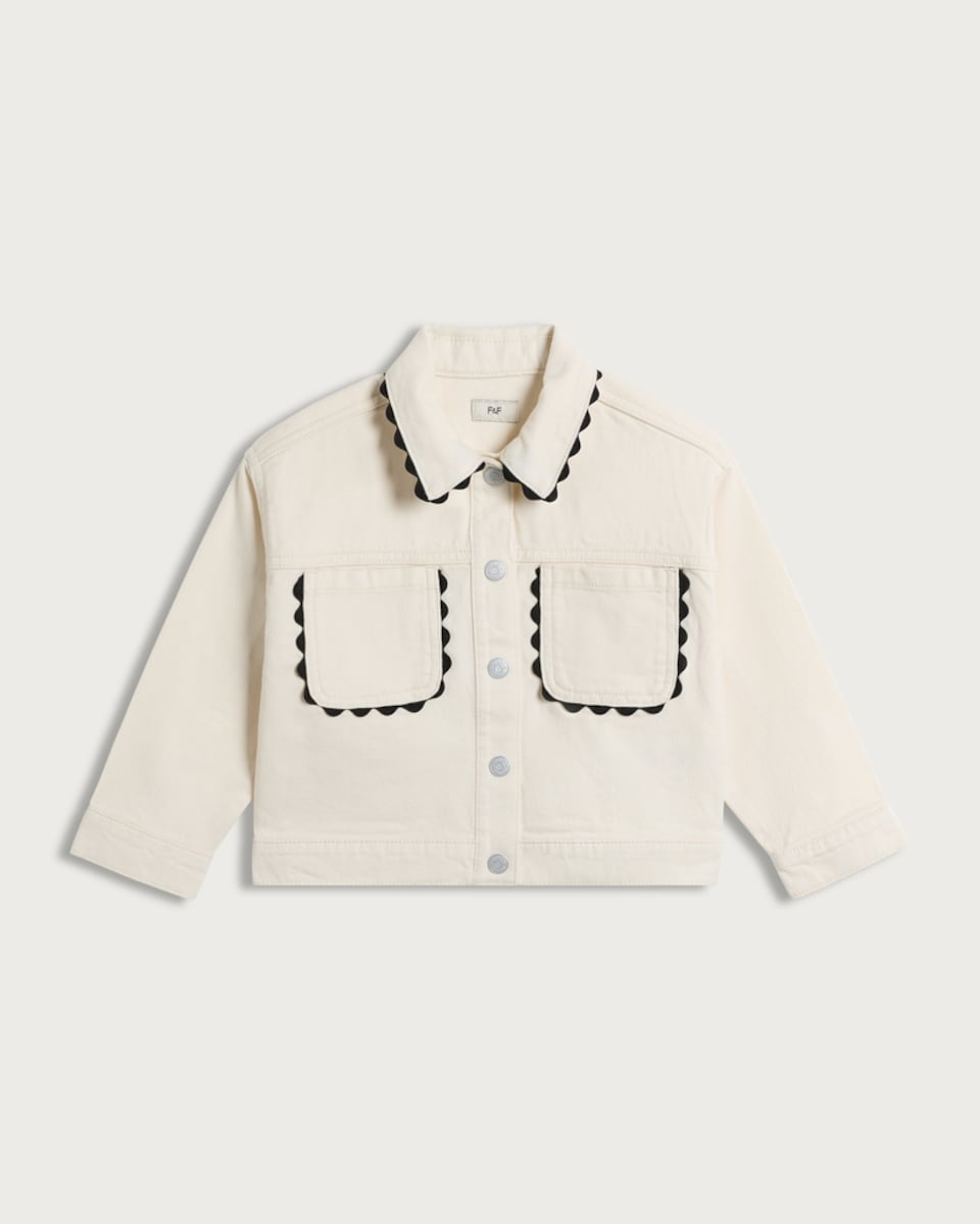 image 1 of F&F Girls Pure Cotton Scallop Trim Jacket in Cream