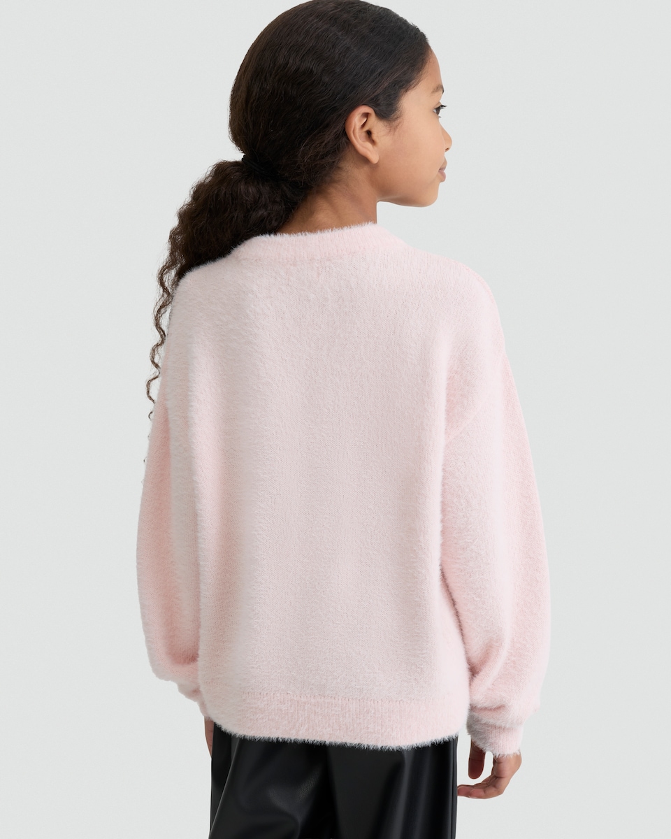 image 1 of F&F Girls Knitted Satin Bow Jumper in Pink
