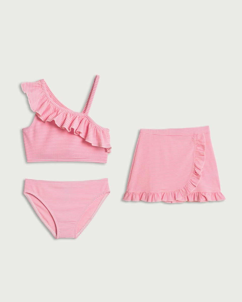 image 1 of F&F Girls 3-Piece Ruffle Trim Swim Set in Pink