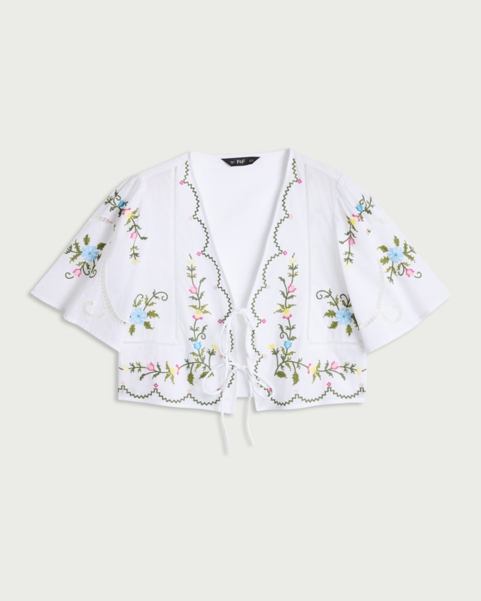 image 1 of F&F Pure Cotton Floral Embroidered Tie Front Cropped Blouse in Multi White