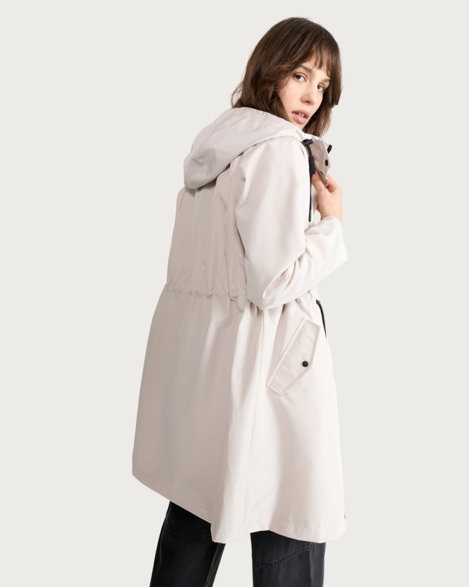 image 1 of F&F Shower Resistant Drawstring Waist Hooded Raincoat in Neutral