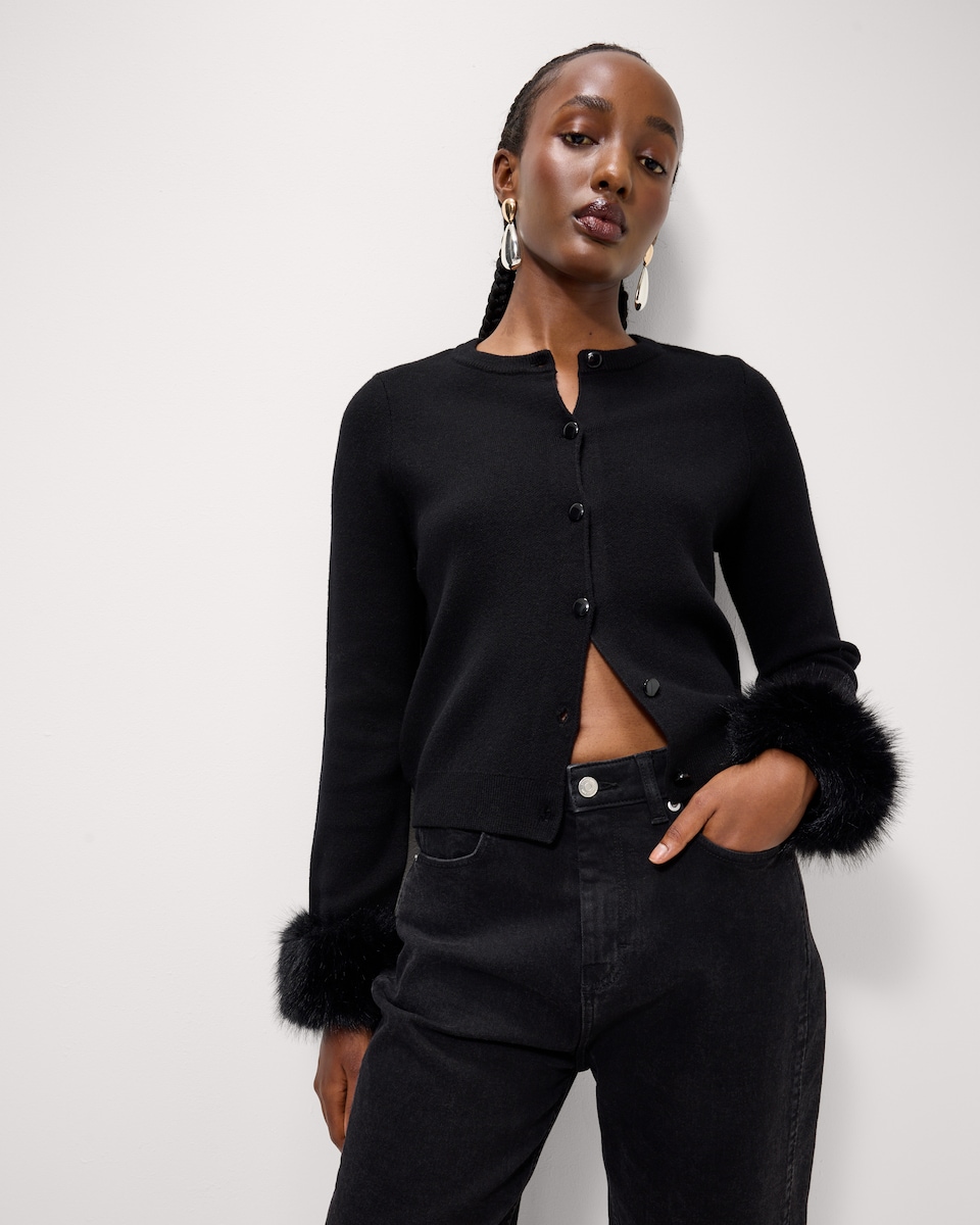 image 1 of F&F Faux Fur Cuff Cardigan in Black